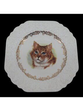 VTG Lord Nelson Pottery Cat Kitten Gilt Gold Accent 8.5in Square Plate England
